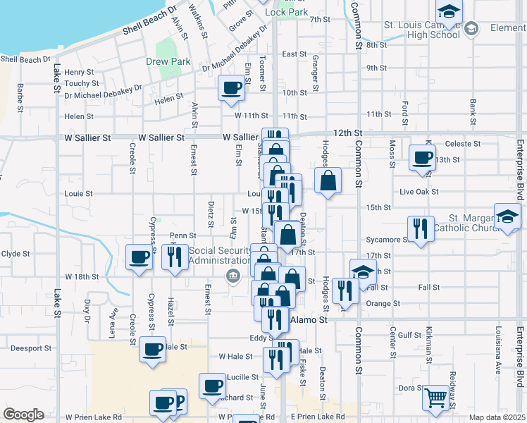 map of restaurants, bars, coffee shops, grocery stores, and more near 2400 Stanton Street in Lake Charles
