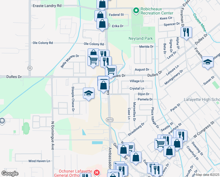 map of restaurants, bars, coffee shops, grocery stores, and more near 2310 Ambassador Caffery Parkway in Lafayette