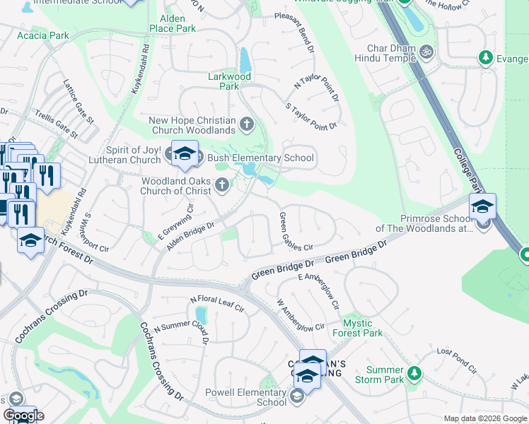 map of restaurants, bars, coffee shops, grocery stores, and more near 30 Merit Woods Place in Spring