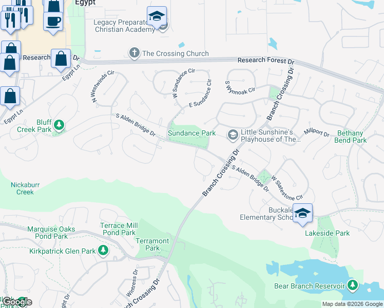 map of restaurants, bars, coffee shops, grocery stores, and more near 99 Glentrace Circle in Spring