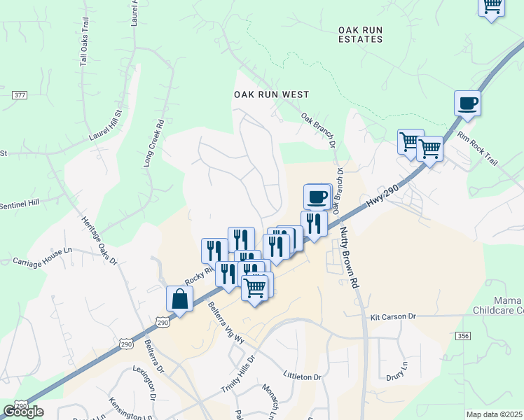 map of restaurants, bars, coffee shops, grocery stores, and more near 300 Ledge Stone Drive in Austin