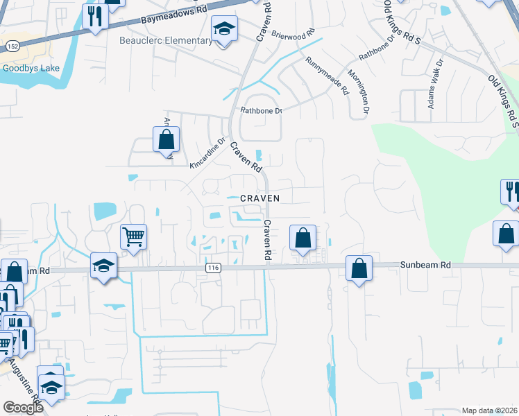 map of restaurants, bars, coffee shops, grocery stores, and more near 9360-3 Craven Ap in Jacksonville