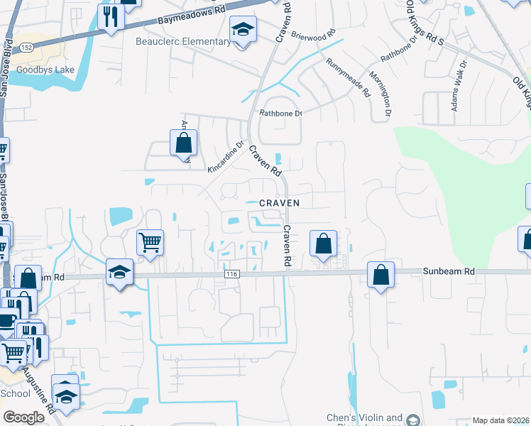 map of restaurants, bars, coffee shops, grocery stores, and more near 9360-3 Craven Ap in Jacksonville