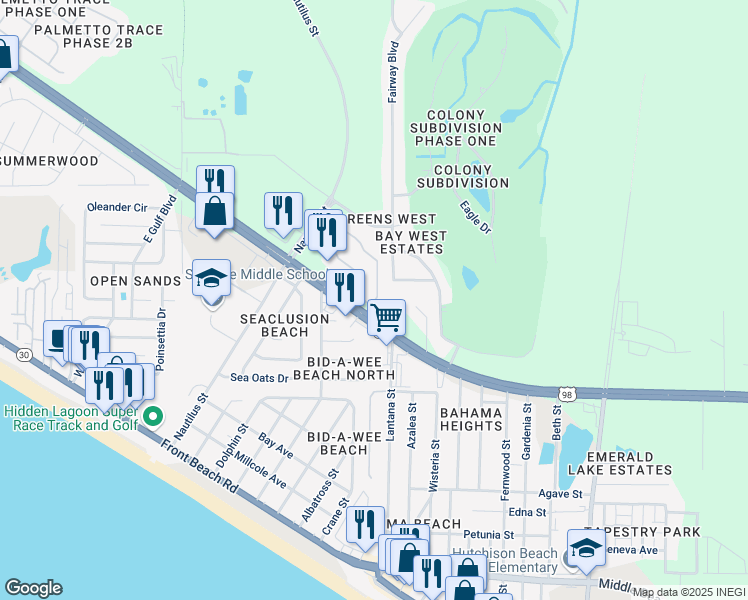 map of restaurants, bars, coffee shops, grocery stores, and more near 104 Cape Cod Drive in Panama City Beach