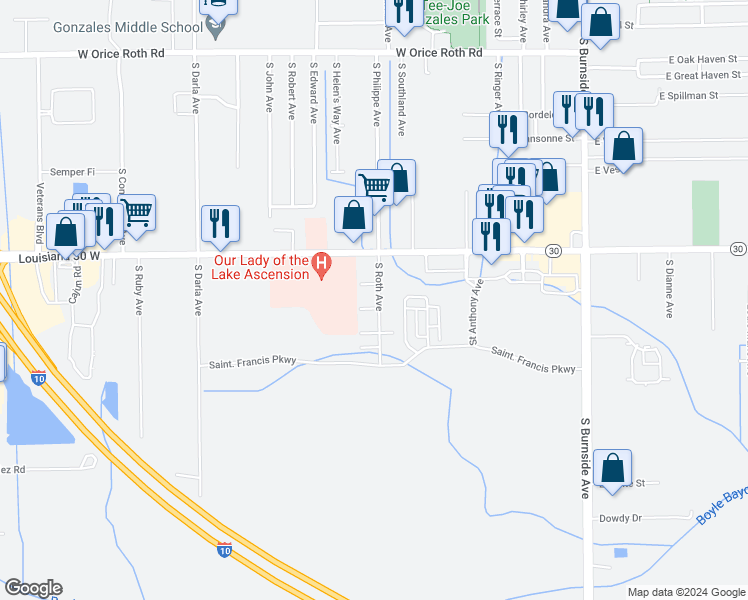 map of restaurants, bars, coffee shops, grocery stores, and more near 915 West Tony Street in Gonzales