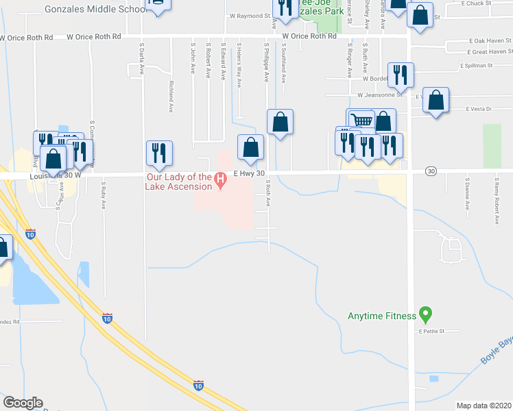 map of restaurants, bars, coffee shops, grocery stores, and more near 915 West Tony Street in Gonzales