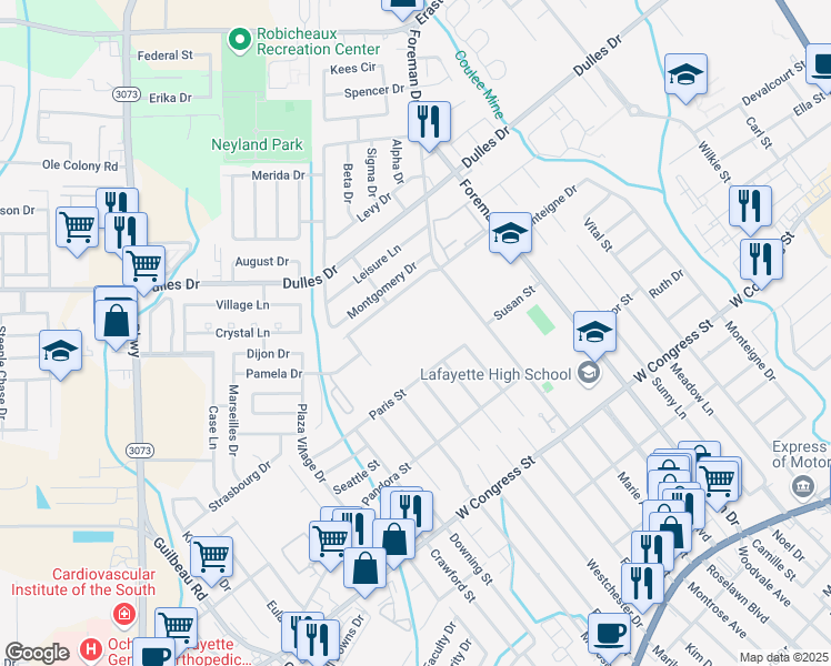 map of restaurants, bars, coffee shops, grocery stores, and more near 203 Guilbeau Road in Lafayette