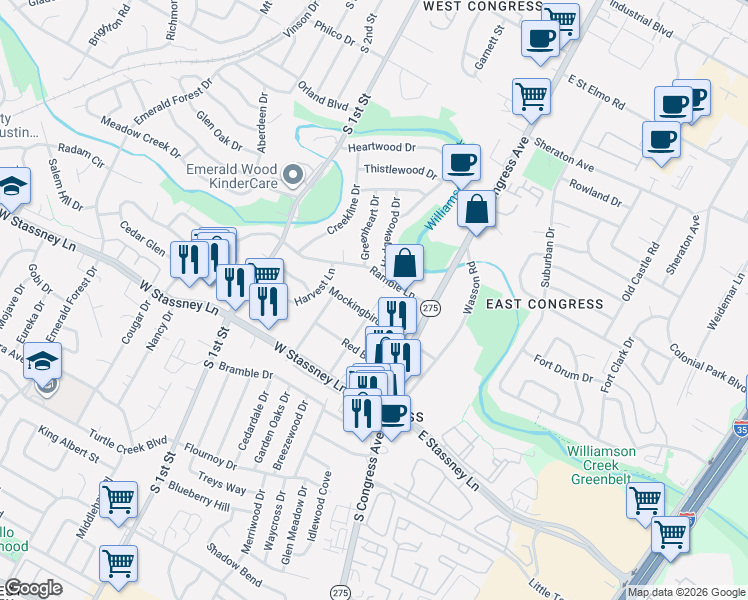 map of restaurants, bars, coffee shops, grocery stores, and more near 301 Mockingbird Lane West in Austin