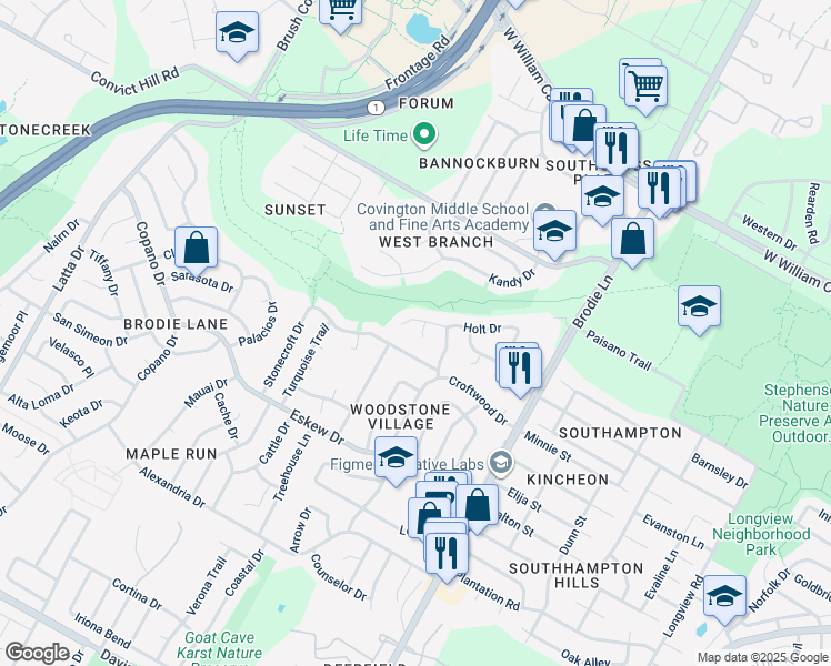 map of restaurants, bars, coffee shops, grocery stores, and more near 7608 Wordham Drive in Austin