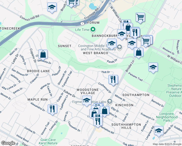 map of restaurants, bars, coffee shops, grocery stores, and more near 7608 Wordham Drive in Austin