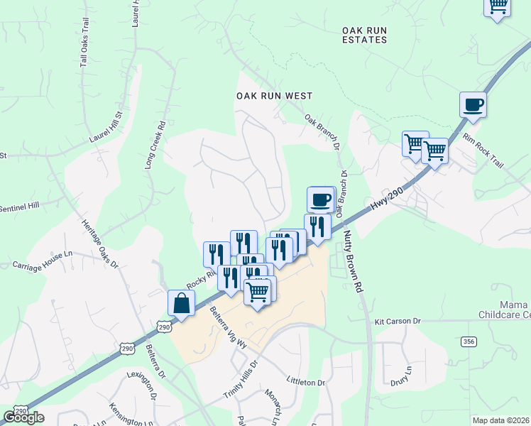 map of restaurants, bars, coffee shops, grocery stores, and more near 295 Ledge Stone Drive in Austin