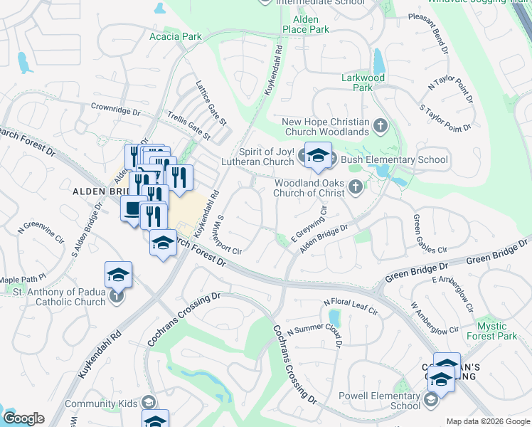map of restaurants, bars, coffee shops, grocery stores, and more near 14 North Winterport Circle in Spring