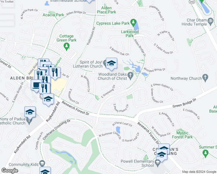 map of restaurants, bars, coffee shops, grocery stores, and more near 30 Glade Bank Place in Spring