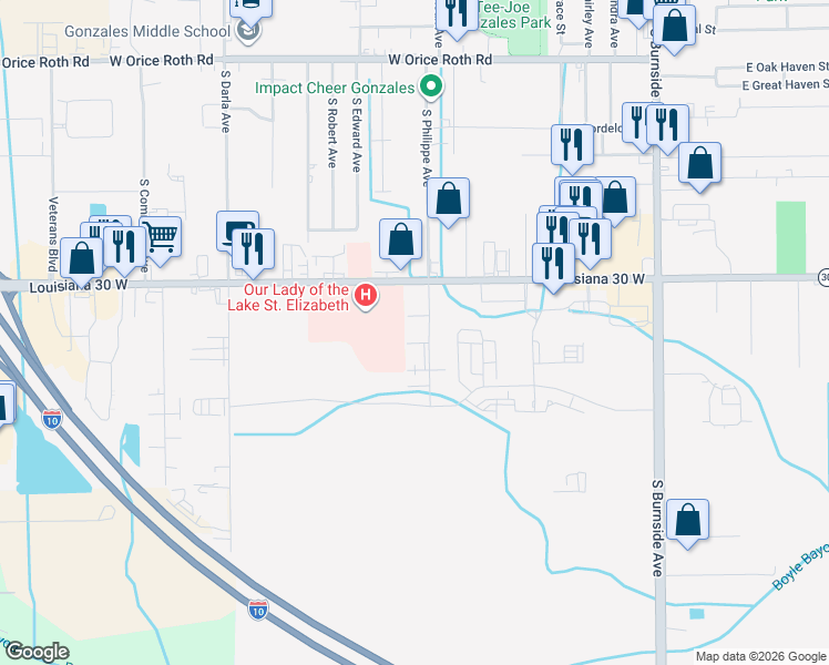 map of restaurants, bars, coffee shops, grocery stores, and more near 915 West Tony Street in Gonzales