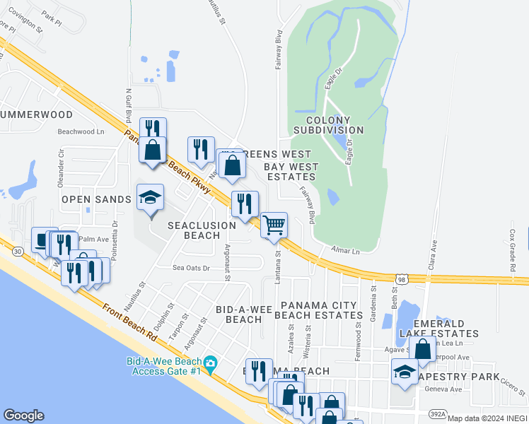 map of restaurants, bars, coffee shops, grocery stores, and more near 104 Cape Cod Drive in Panama City Beach
