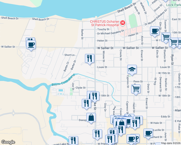 map of restaurants, bars, coffee shops, grocery stores, and more near 2320 Lake Street in Lake Charles