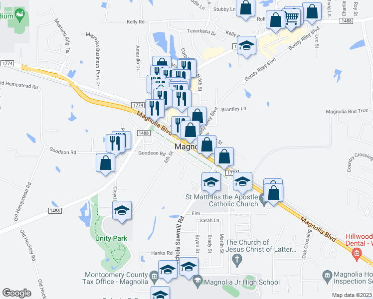 map of restaurants, bars, coffee shops, grocery stores, and more near 507 Magnolia Boulevard in Magnolia