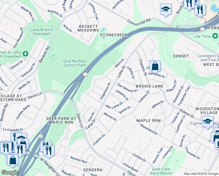 map of restaurants, bars, coffee shops, grocery stores, and more near 8303 Edgemoor Place in Austin