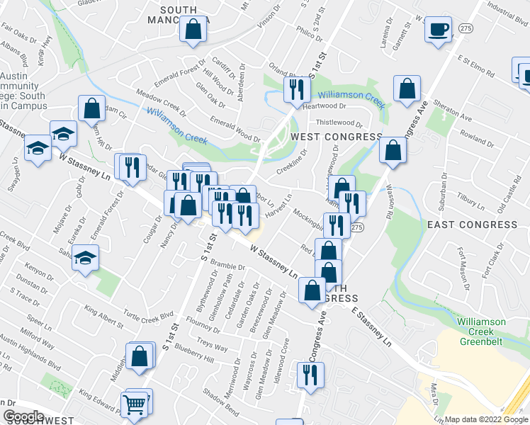 map of restaurants, bars, coffee shops, grocery stores, and more near 5404 Harvest Lane in Austin