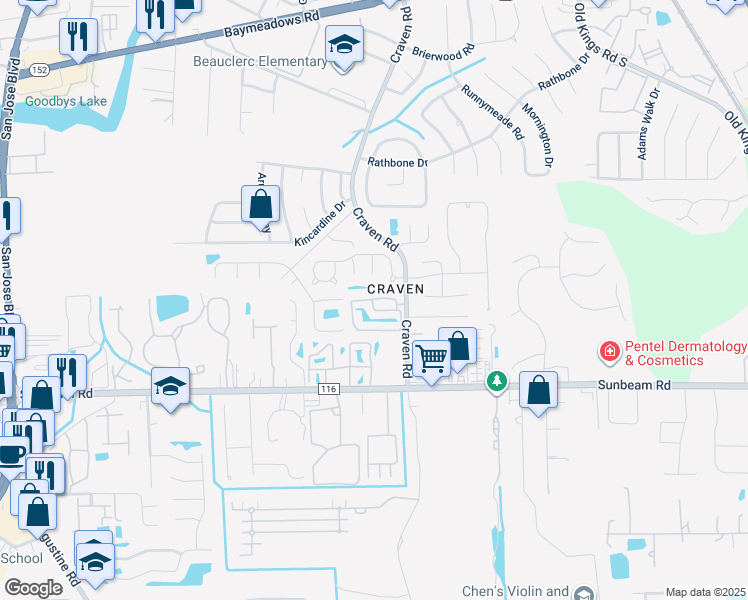 map of restaurants, bars, coffee shops, grocery stores, and more near 9360-3 Craven Ap in Jacksonville