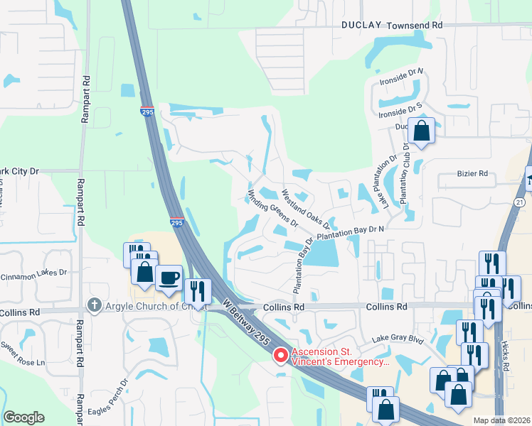map of restaurants, bars, coffee shops, grocery stores, and more near 7565 Devola Trail in Jacksonville