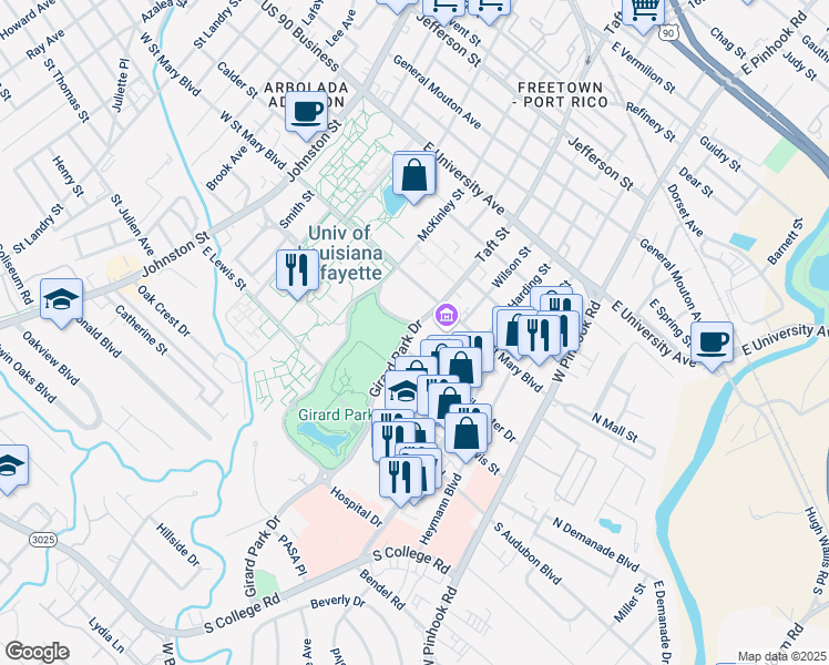 map of restaurants, bars, coffee shops, grocery stores, and more near 400-498 Girard Park Drive in Lafayette