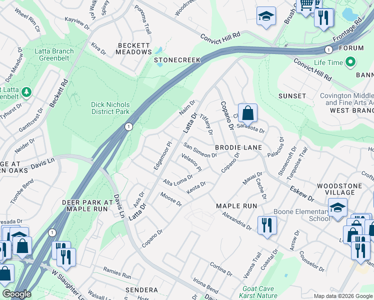 map of restaurants, bars, coffee shops, grocery stores, and more near 4618 Molera Drive in Austin