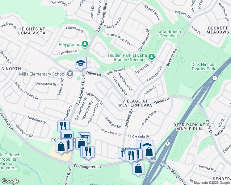 map of restaurants, bars, coffee shops, grocery stores, and more near 5947 Lomita Verde Circle in Austin