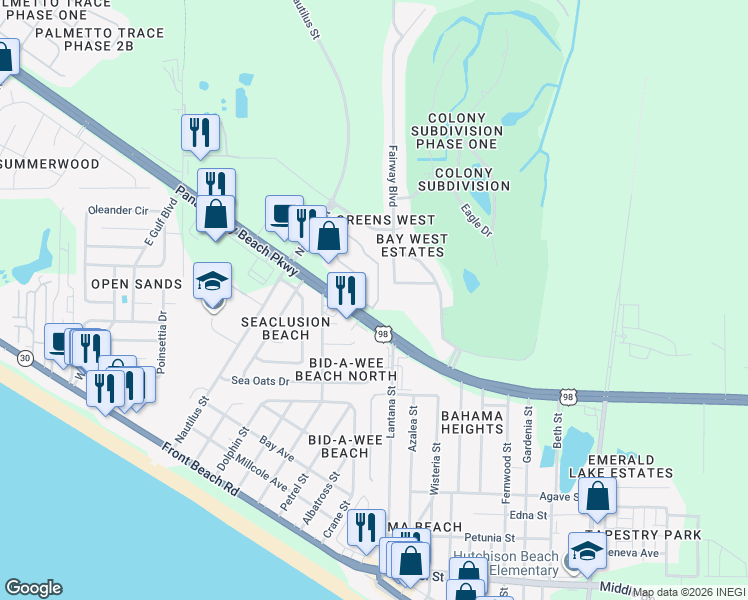 map of restaurants, bars, coffee shops, grocery stores, and more near 104 Cape Cod Drive in Panama City Beach