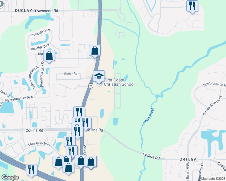 map of restaurants, bars, coffee shops, grocery stores, and more near 7708 Club Duclay Drive in Jacksonville