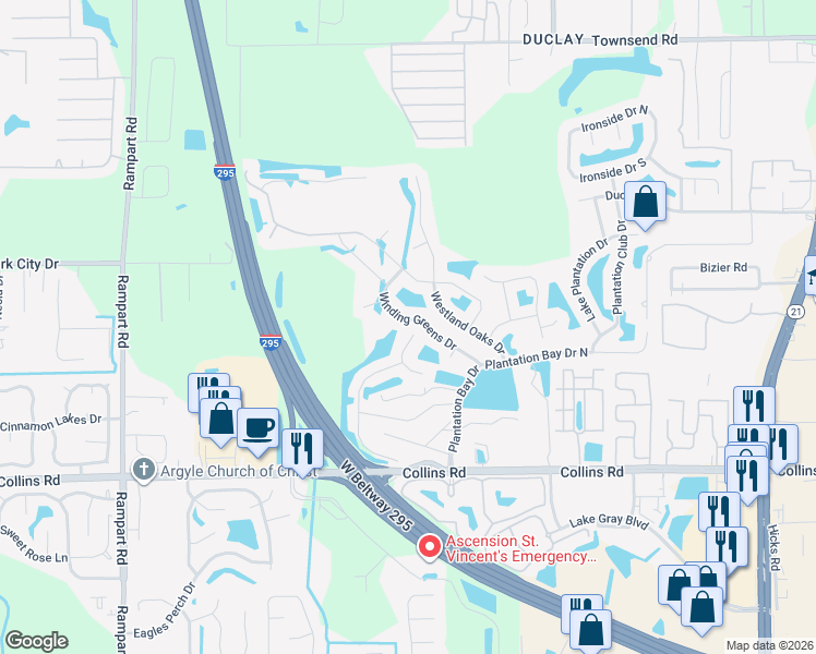 map of restaurants, bars, coffee shops, grocery stores, and more near 7565 Devola Trail in Jacksonville