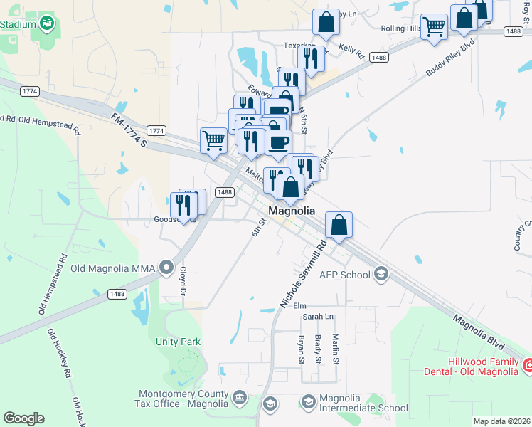 map of restaurants, bars, coffee shops, grocery stores, and more near 222 6th Street in Magnolia