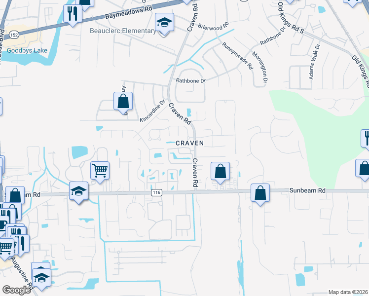 map of restaurants, bars, coffee shops, grocery stores, and more near 9360 Craven Road in Jacksonville
