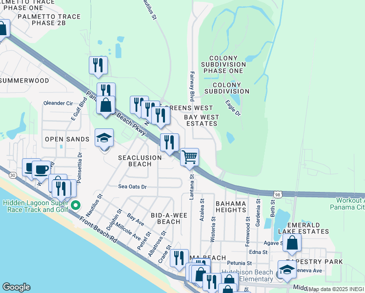map of restaurants, bars, coffee shops, grocery stores, and more near 104 Cape Cod Drive in Panama City Beach