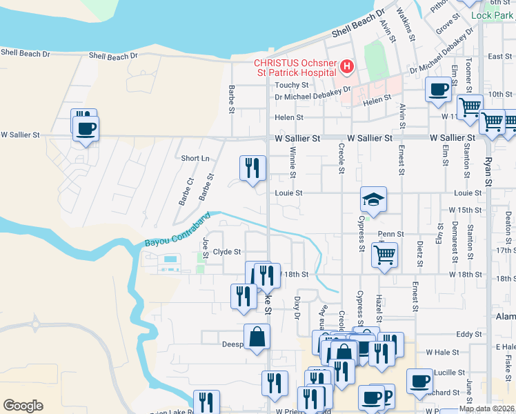 map of restaurants, bars, coffee shops, grocery stores, and more near 2312 Lake Street in Lake Charles