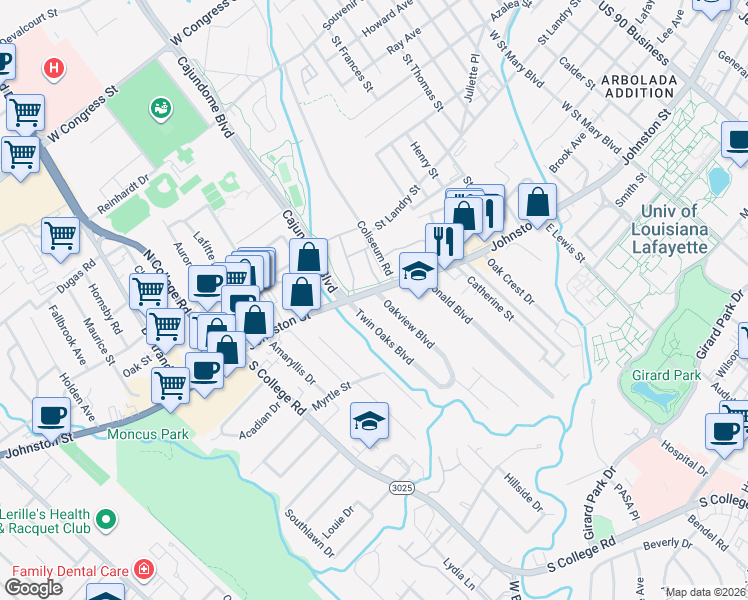 map of restaurants, bars, coffee shops, grocery stores, and more near 100 Oakview Boulevard in Lafayette