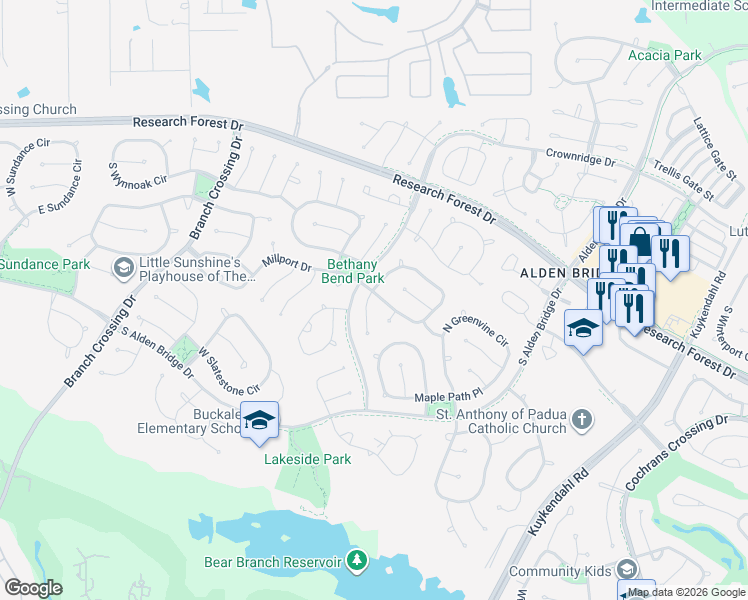 map of restaurants, bars, coffee shops, grocery stores, and more near 142 North Linton Ridge Circle in Spring