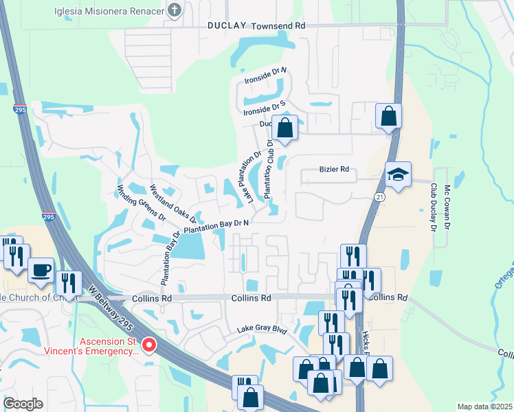 map of restaurants, bars, coffee shops, grocery stores, and more near 7574 Plantation Club Drive in Jacksonville