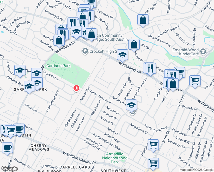 map of restaurants, bars, coffee shops, grocery stores, and more near 1400 Homespun Road in Austin