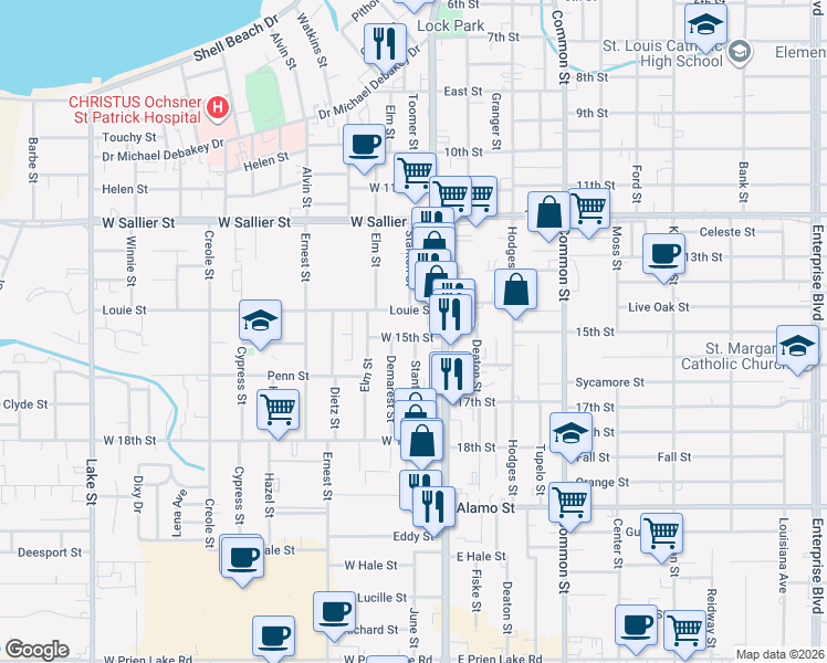 map of restaurants, bars, coffee shops, grocery stores, and more near 134 Louie Street in Lake Charles
