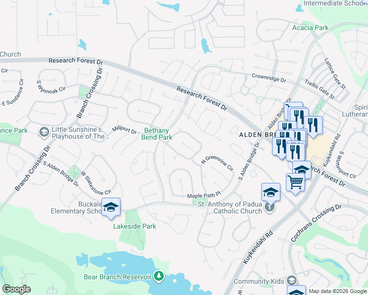 map of restaurants, bars, coffee shops, grocery stores, and more near 26 Long Springs Place in Spring