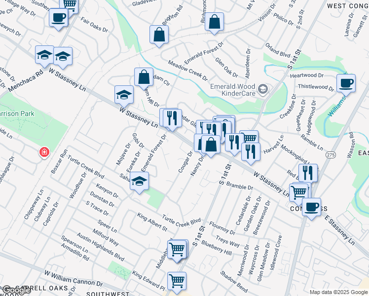 map of restaurants, bars, coffee shops, grocery stores, and more near 1016 West Stassney Lane in Austin