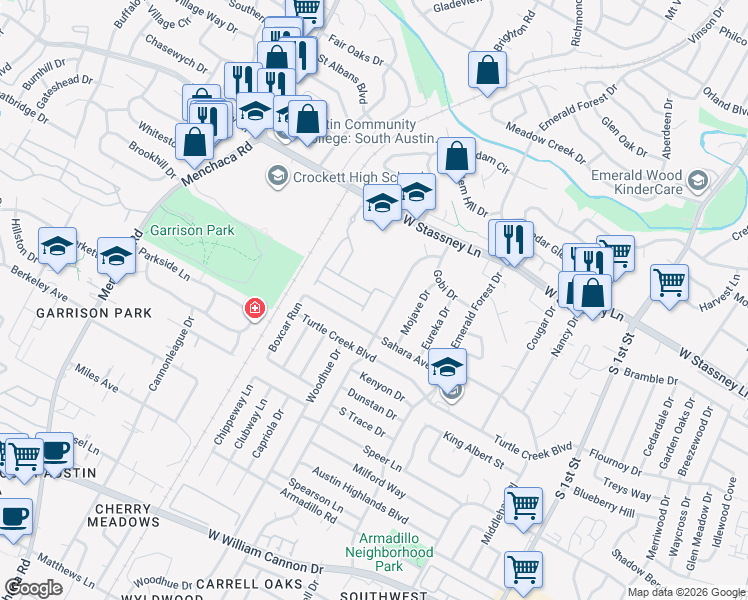 map of restaurants, bars, coffee shops, grocery stores, and more near 1402 Casa Drive in Austin