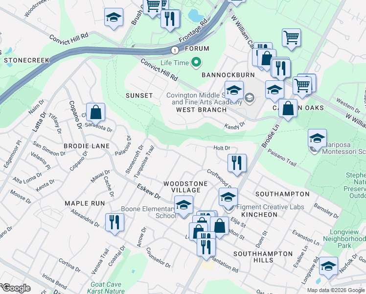 map of restaurants, bars, coffee shops, grocery stores, and more near 3906 Holt Drive in Austin