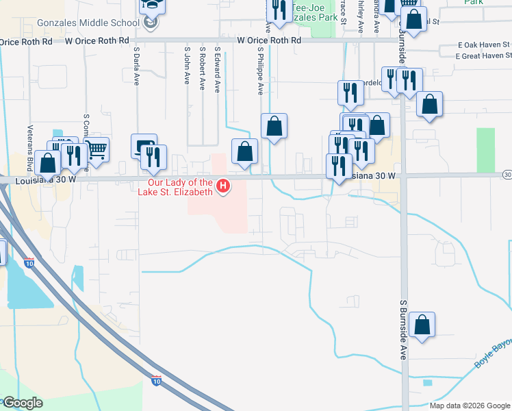 map of restaurants, bars, coffee shops, grocery stores, and more near 919 West Rothland Street in Gonzales