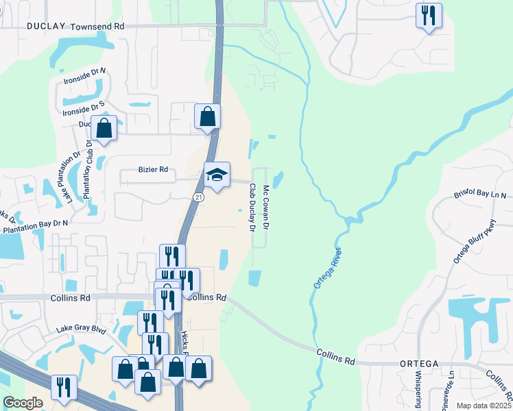 map of restaurants, bars, coffee shops, grocery stores, and more near 7641 Club Duclay Drive in Jacksonville