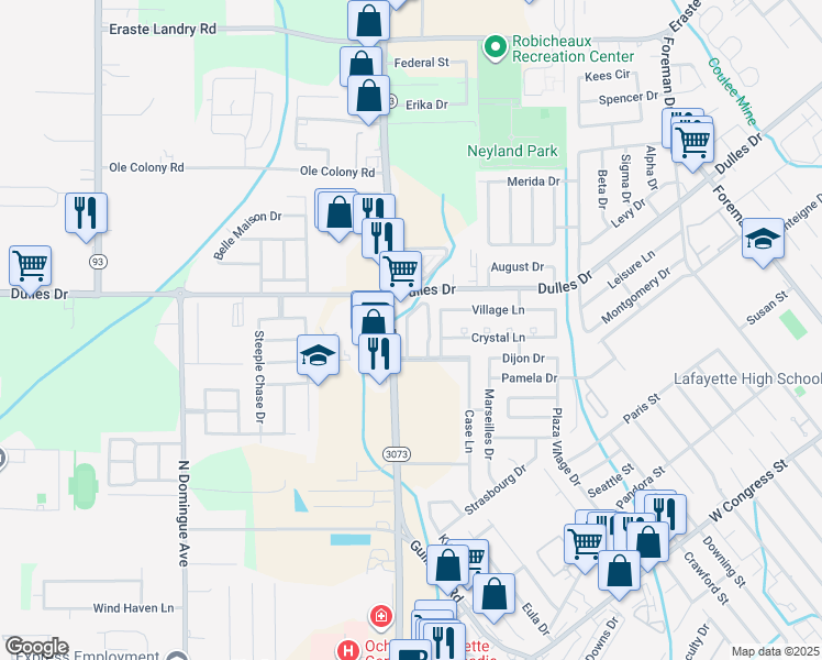 map of restaurants, bars, coffee shops, grocery stores, and more near 101 Wilbourn Boulevard in Lafayette