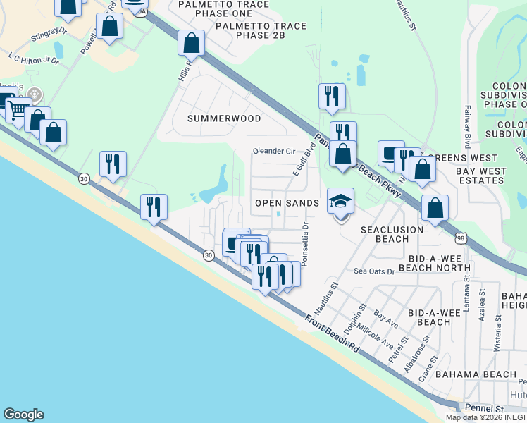 map of restaurants, bars, coffee shops, grocery stores, and more near 504 West Gulf Court in Panama City Beach