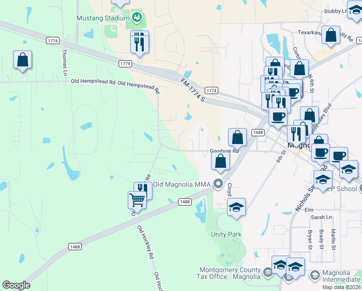 map of restaurants, bars, coffee shops, grocery stores, and more near 1410 Goodson Road in Magnolia