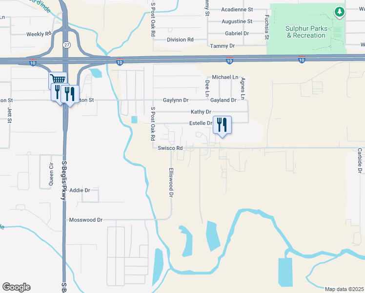 map of restaurants, bars, coffee shops, grocery stores, and more near 1331 Swisco Road in Sulphur